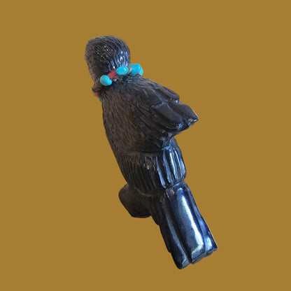 Black Marble Baby Raven Chick w/Sterling and Crystal Bling Zuni Fetish