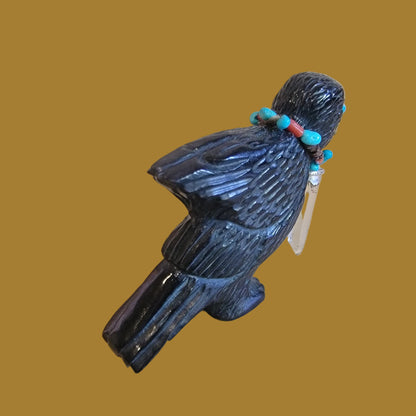 Black Marble Baby Raven Chick w/Sterling and Crystal Bling Zuni Fetish