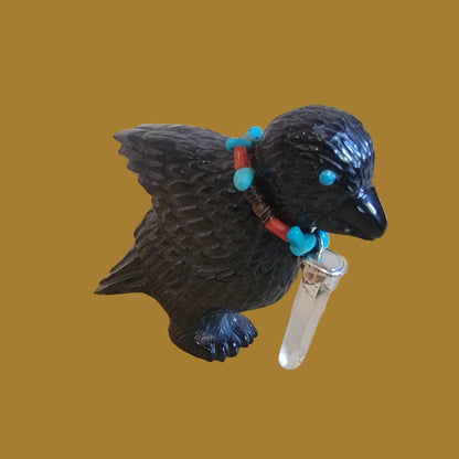 Black Marble Baby Raven Chick w/Sterling and Crystal Bling Zuni Fetish