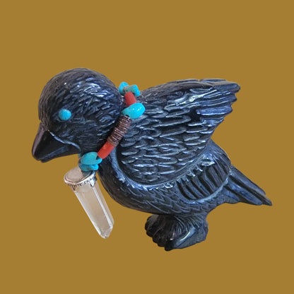 Black Marble Baby Raven Chick w/Sterling and Crystal Bling Zuni Fetish