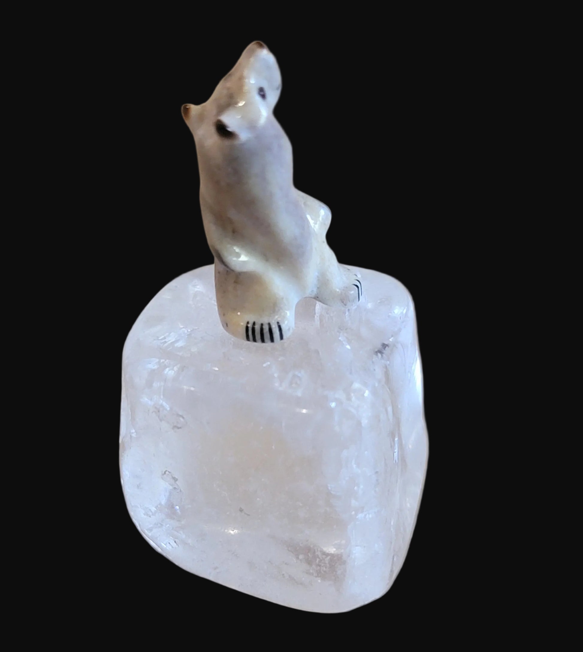 Miniature Antler Bear on Quartz Crystal Zuni Fetish