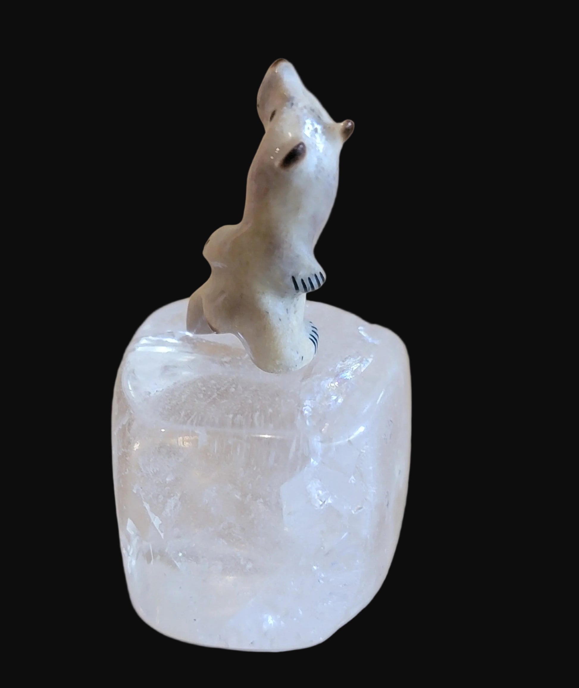 Miniature Antler Bear on Quartz Crystal Zuni Fetish