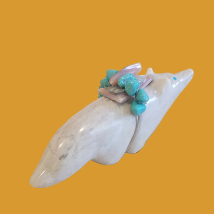 Serpentine Wolf w/ Fancy Turquoise Nugget Bundle Zuni Fetish