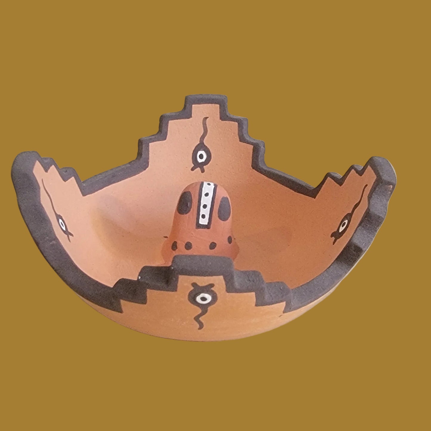 Kiva Step/Raincloud Rim Zuni Pueblo Pottery w/ Raised Frog