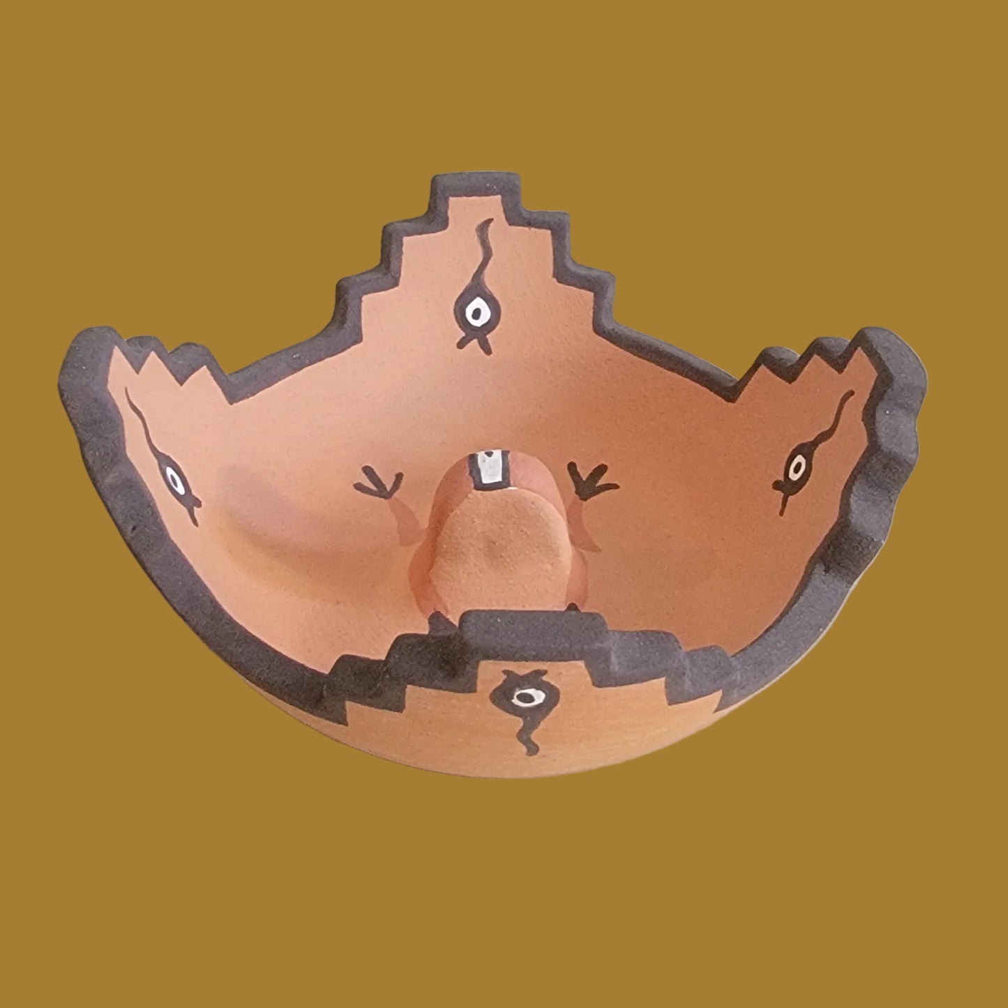 Kiva Step/Raincloud Rim Zuni Pueblo Pottery w/ Raised Frog