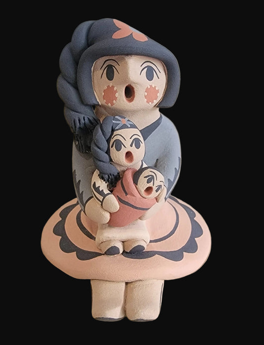 Braided Jemez Pueblo Pottery Storyteller w/Child and Papoose