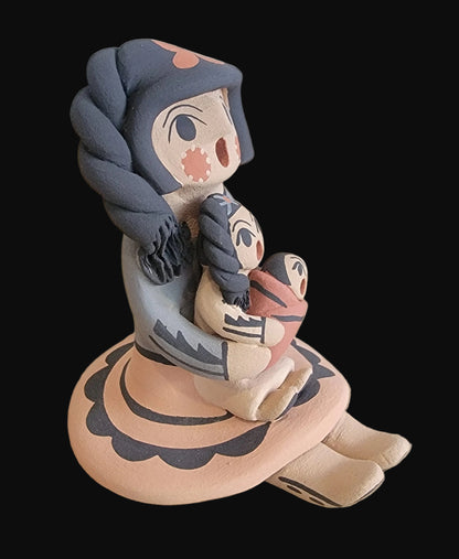 Braided Jemez Pueblo Pottery Storyteller w/Child and Papoose