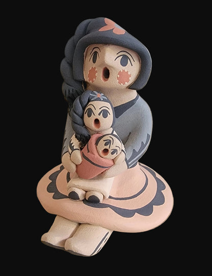 Braided Jemez Pueblo Pottery Storyteller w/Child and Papoose