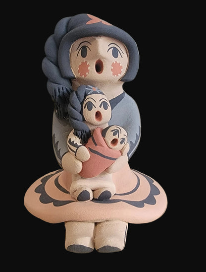 Braided Jemez Pueblo Pottery Storyteller w/Child and Papoose