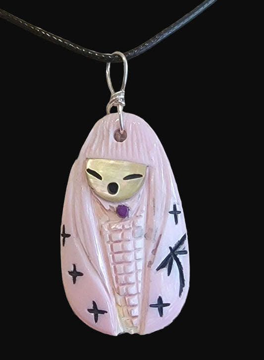Elegant Pink Conch Shell Zuni Fetish Maiden Pendant Indian Jewelry