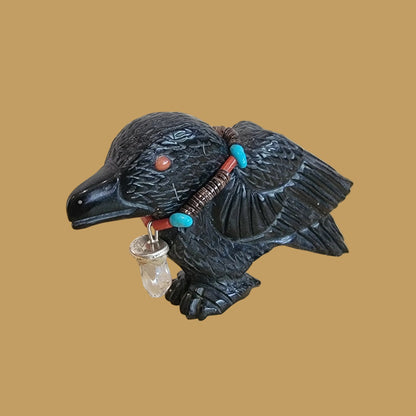 Mystical and Magical Raven w/ Energy Filled Crystal Necklace Zuni Fetish