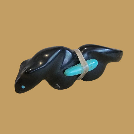 Sleek Jet Mountain Lion w/ Side Offering Zuni Fetish