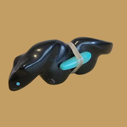 Sleek Jet Mountain Lion w/ Side Offering Zuni Fetish