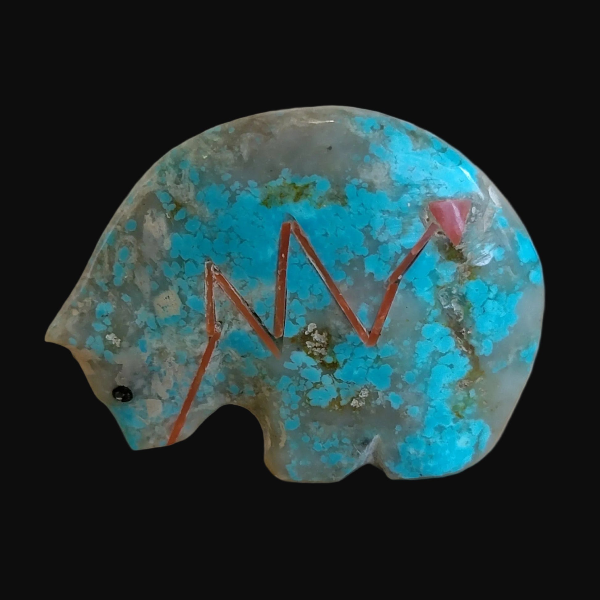 Classy Turquoise Medicine Bear w/ Coral Heartline Zuni Fetish