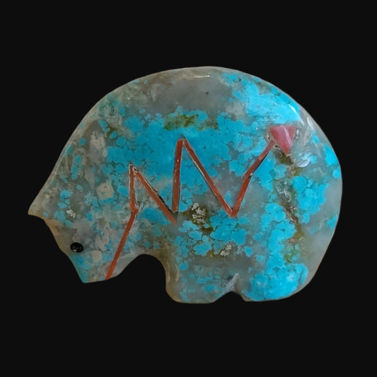 Classy Turquoise Medicine Bear w/ Coral Heartline Zuni Fetish