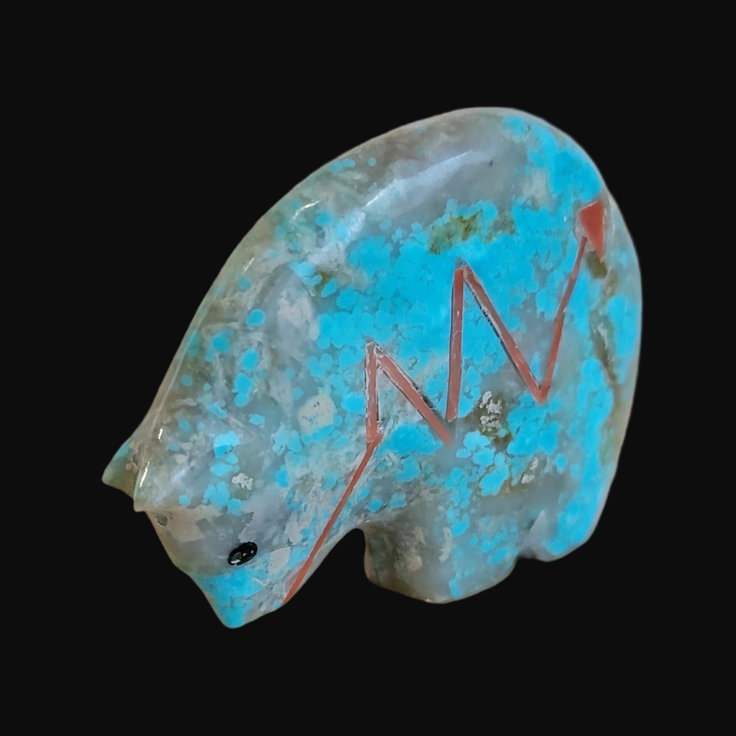 Classy Turquoise Medicine Bear w/ Coral Heartline Zuni Fetish