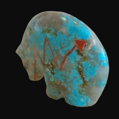 Classy Turquoise Medicine Bear w/ Coral Heartline Zuni Fetish
