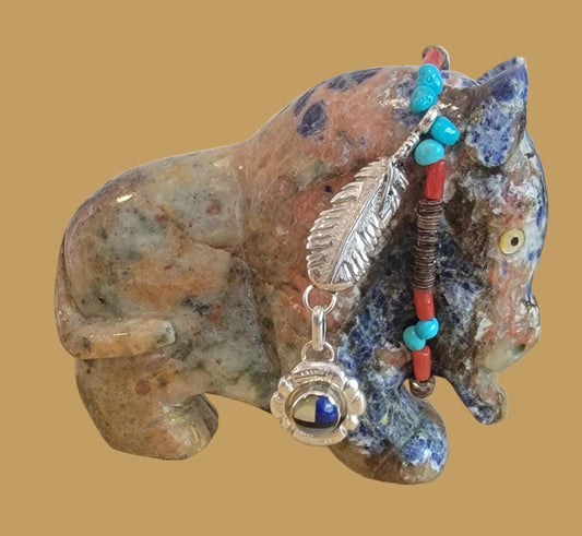 Amazing Sunset Sodalite Buffalo/Bison w/Elegant Sterling Silver Feather and Zuni Sun Offering Zuni Fetish