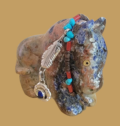 Amazing Sunset Sodalite Buffalo/Bison w/Elegant Sterling Silver Feather and Zuni Sun Offering Zuni Fetish