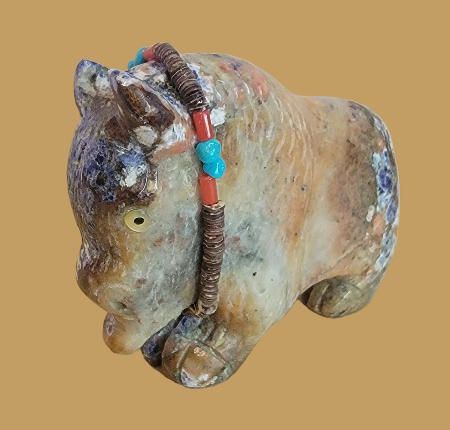 Amazing Sunset Sodalite Buffalo/Bison w/Elegant Sterling Silver Feather and Zuni Sun Offering Zuni Fetish