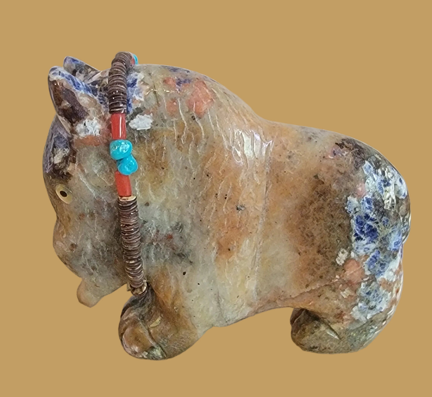 Amazing Sunset Sodalite Buffalo/Bison w/Elegant Sterling Silver Feather and Zuni Sun Offering Zuni Fetish