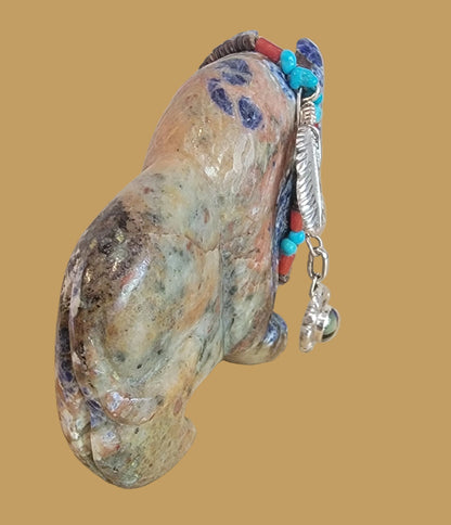 Amazing Sunset Sodalite Buffalo/Bison w/Elegant Sterling Silver Feather and Zuni Sun Offering Zuni Fetish