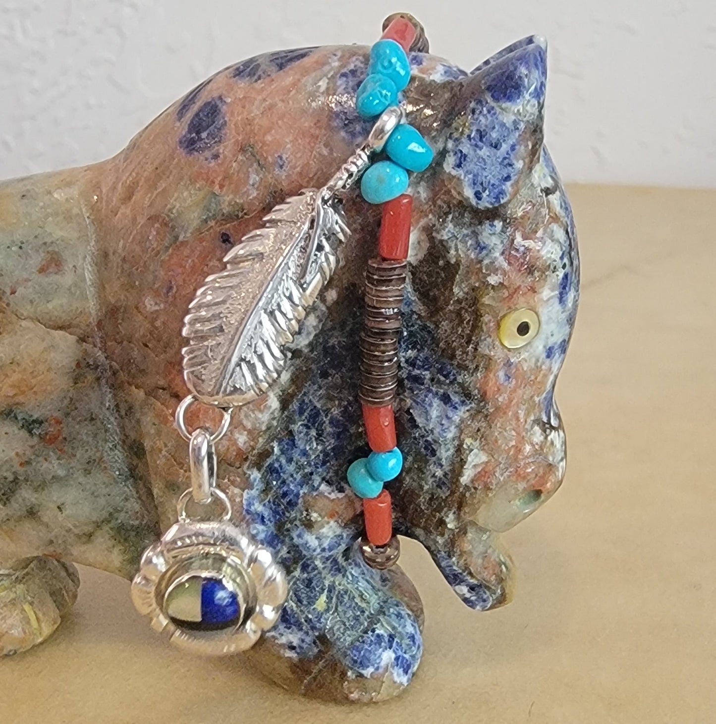 Amazing Sunset Sodalite Buffalo/Bison w/Elegant Sterling Silver Feather and Zuni Sun Offering Zuni Fetish