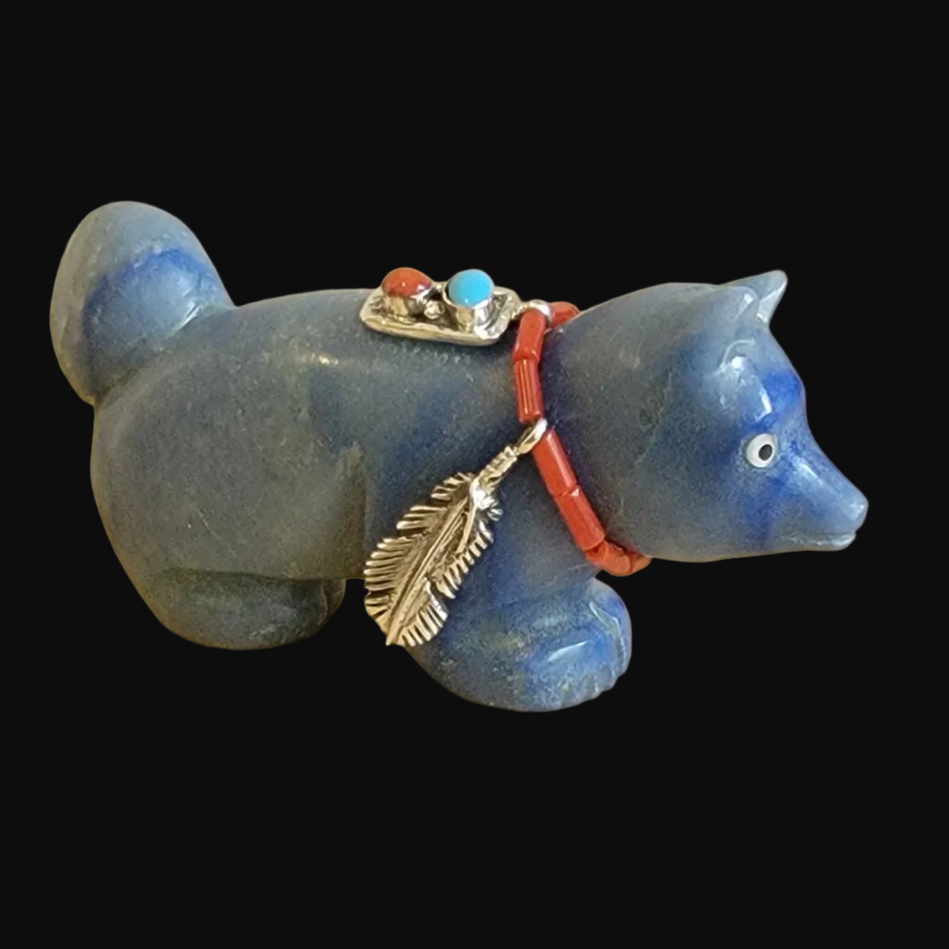 Beautiful Blue Adventurine Fancy Fox w/ Sterling Feather and Sterling Jewelry Necklace Zuni Fetish