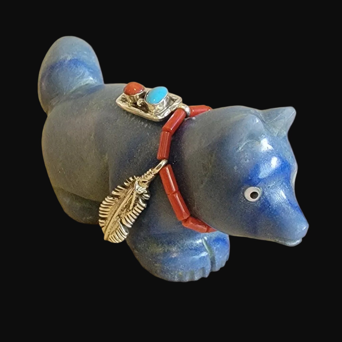 Beautiful Blue Adventurine Fancy Fox w/ Sterling Feather and Sterling Jewelry Necklace Zuni Fetish