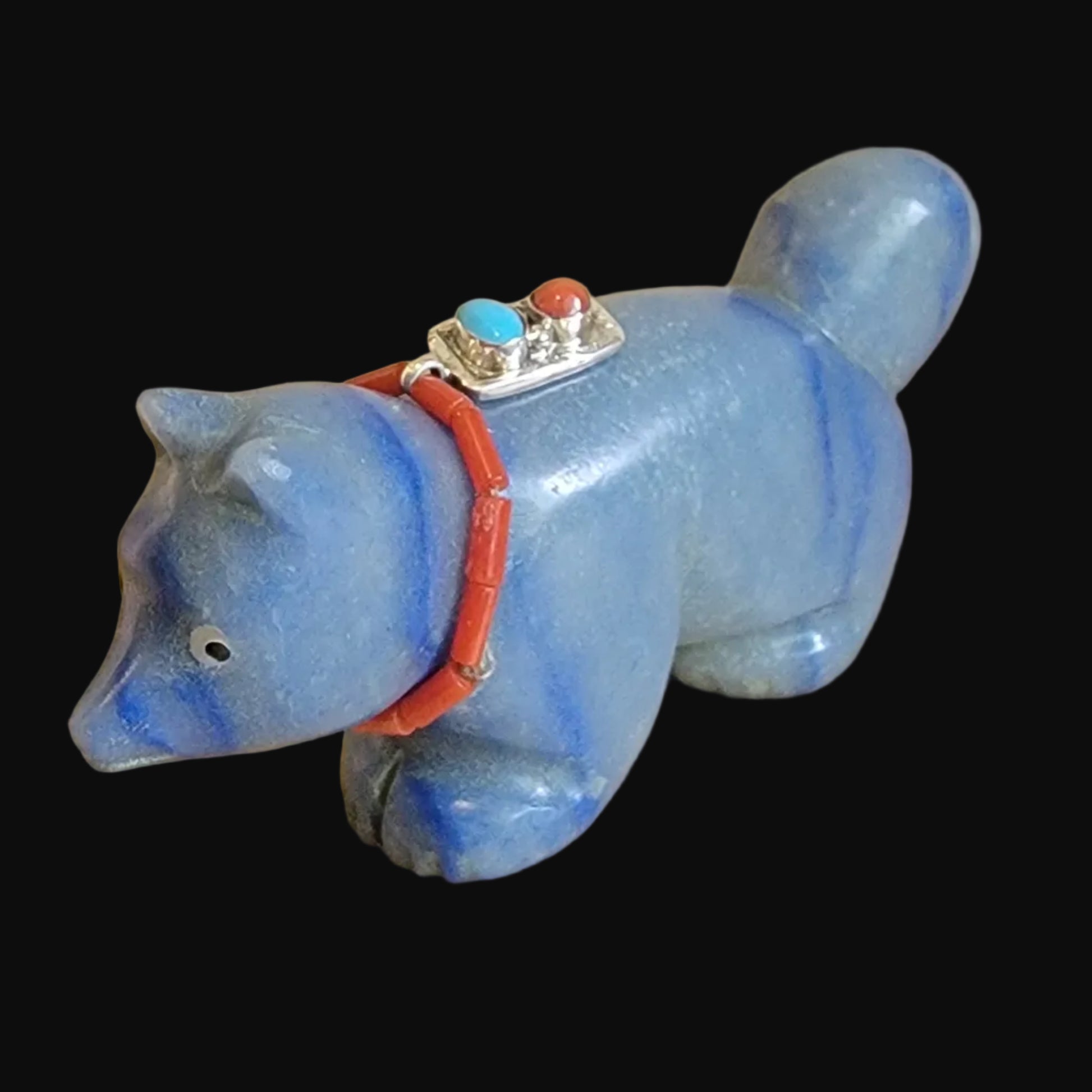 Beautiful Blue Adventurine Fancy Fox w/ Sterling Feather and Sterling Jewelry Necklace Zuni Fetish