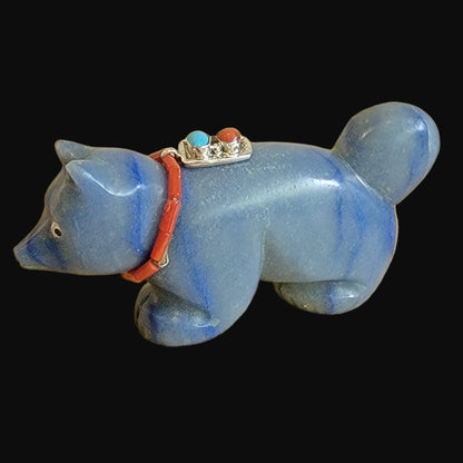 Beautiful Blue Adventurine Fancy Fox w/ Sterling Feather and Sterling Jewelry Necklace Zuni Fetish
