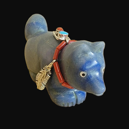 Beautiful Blue Adventurine Fancy Fox w/ Sterling Feather and Sterling Jewelry Necklace Zuni Fetish