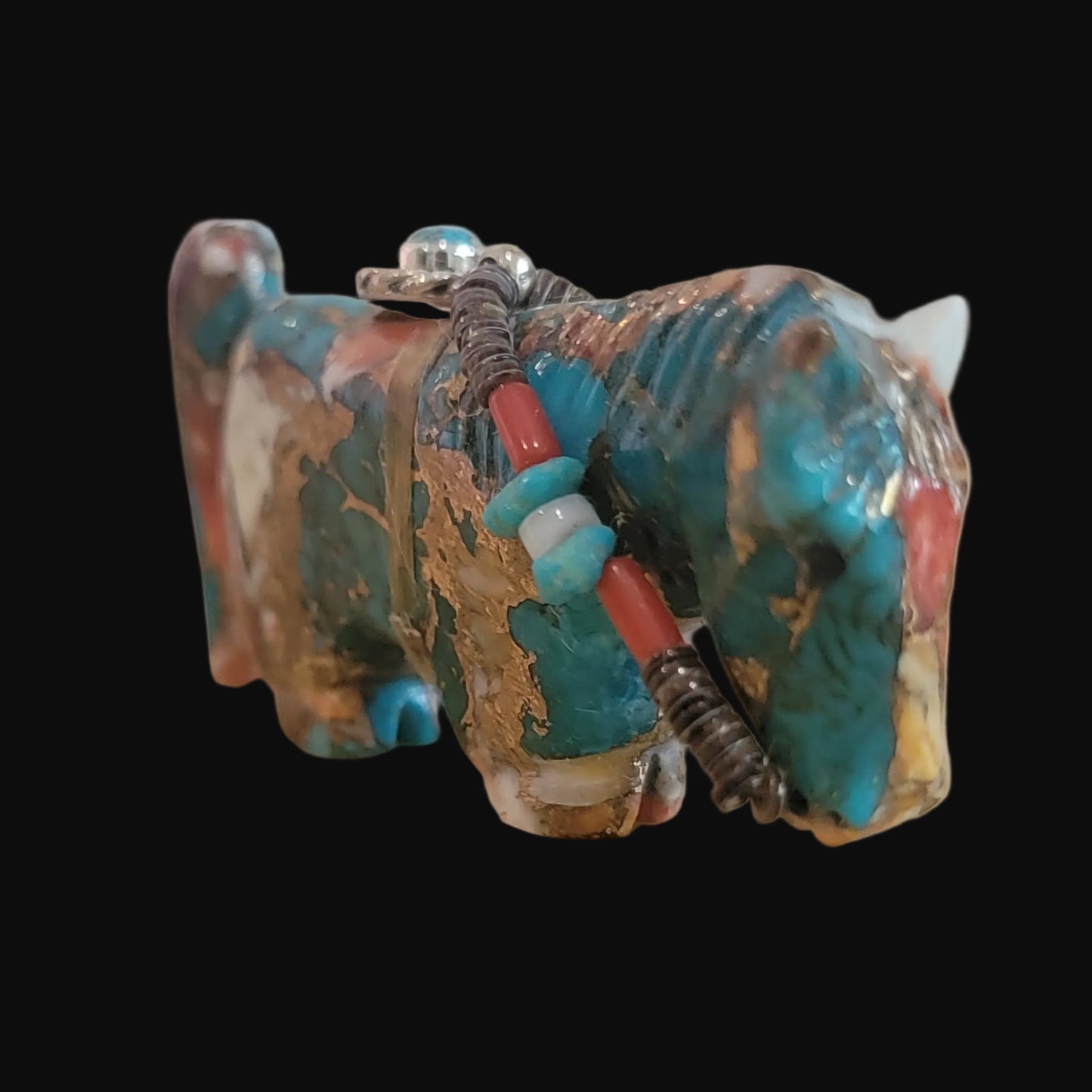 Brilliant Composite Horse w/ Sterling Silver Jewelry Zuni Fetish