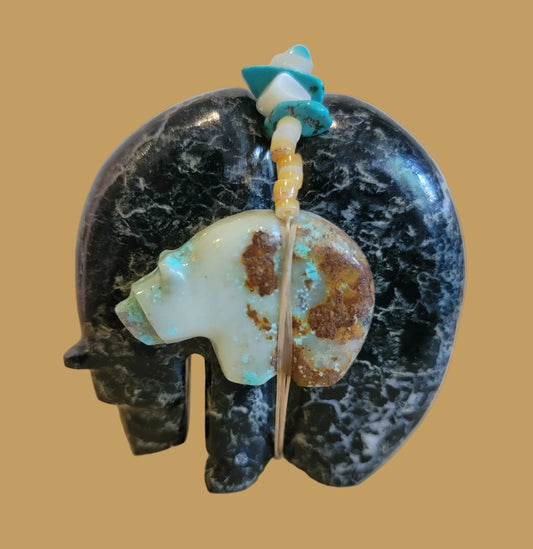 Large Orca Agate Medicine Bear w/ Turquoise Side Bear Bundle Zuni Fetish
