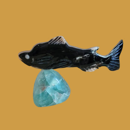 Silver Lip Shell Fish w/Fluorite Base Zuni Fetish