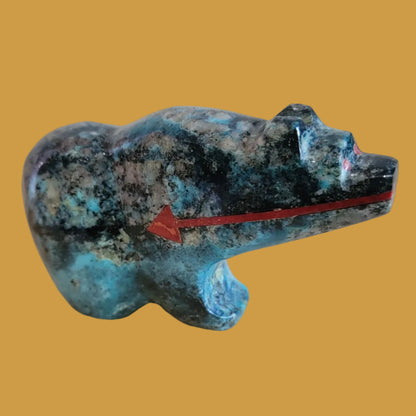Quartz Chysocolla Grizzly Bear w/ Double Coral Heartline Zuni Fetish