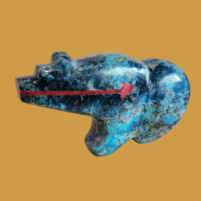 Quartz Chysocolla Grizzly Bear w/ Double Coral Heartline Zuni Fetish