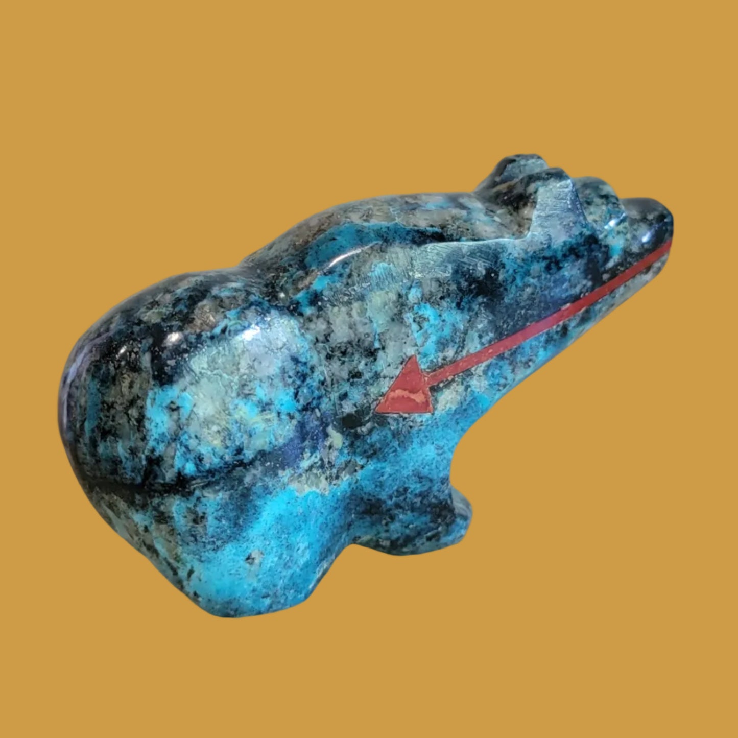 Quartz Chysocolla Grizzly Bear w/ Double Coral Heartline Zuni Fetish