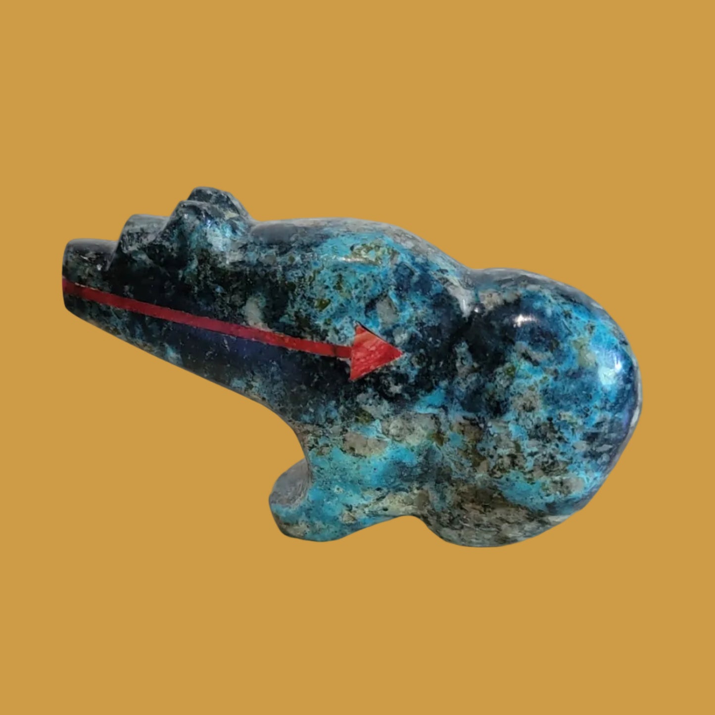 Quartz Chysocolla Grizzly Bear w/ Double Coral Heartline Zuni Fetish