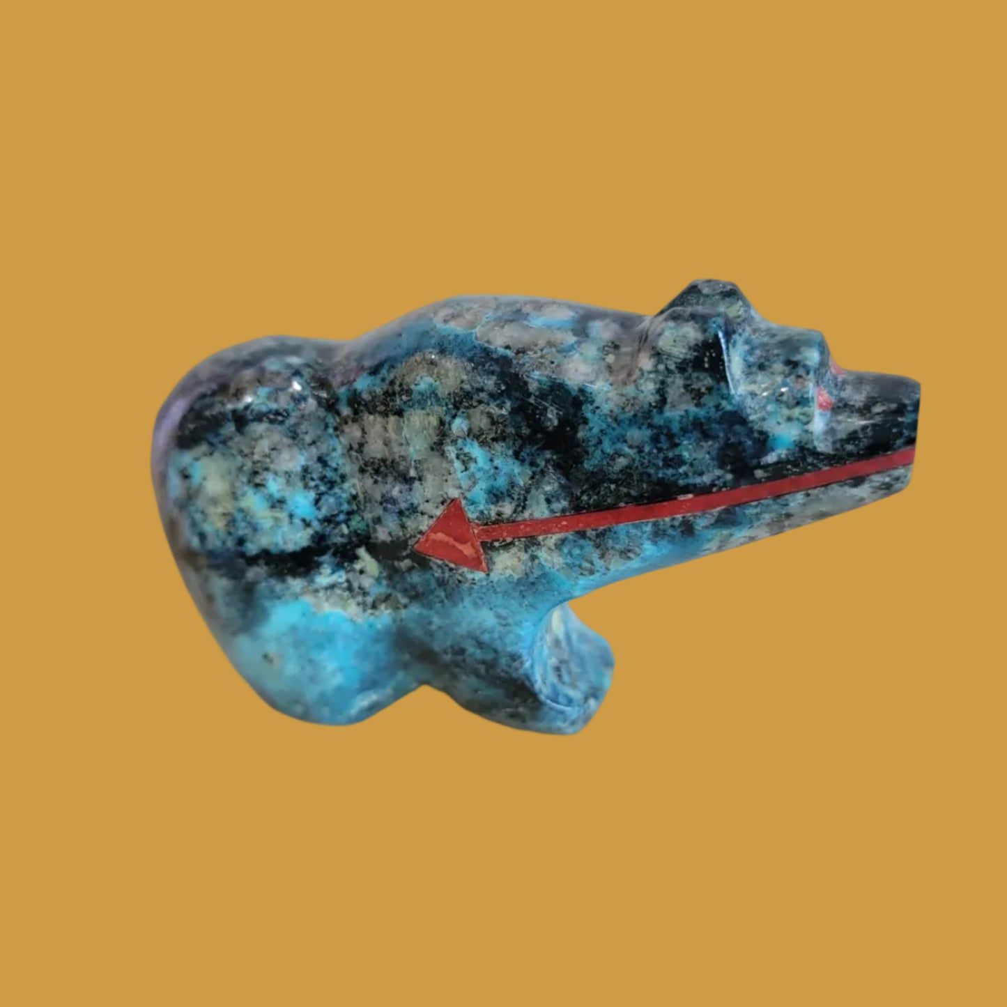Quartz Chysocolla Grizzly Bear w/ Double Coral Heartline Zuni Fetish
