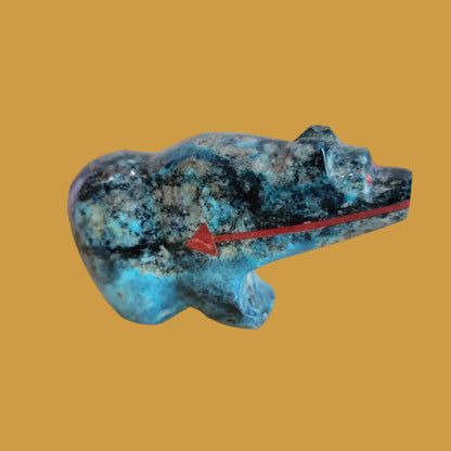Quartz Chysocolla Grizzly Bear w/ Double Coral Heartline Zuni Fetish