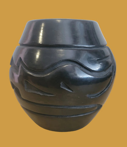 Carved Santa Clara Pueblo Blackware Pottery W/ Avanyu Design