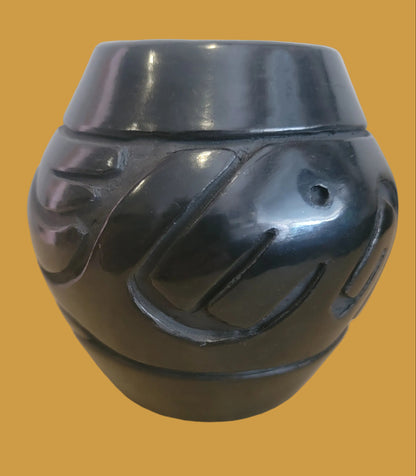 Carved Santa Clara Pueblo Blackware Pottery W/ Avanyu Design