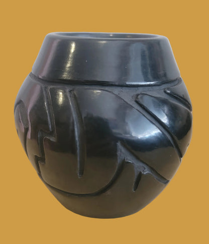 Carved Santa Clara Pueblo Blackware Pottery W/ Avanyu Design