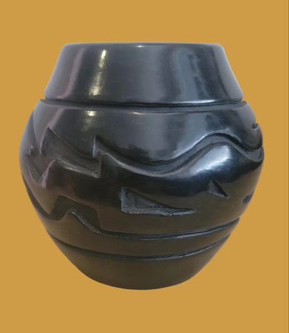 Carved Santa Clara Pueblo Blackware Pottery W/ Avanyu Design