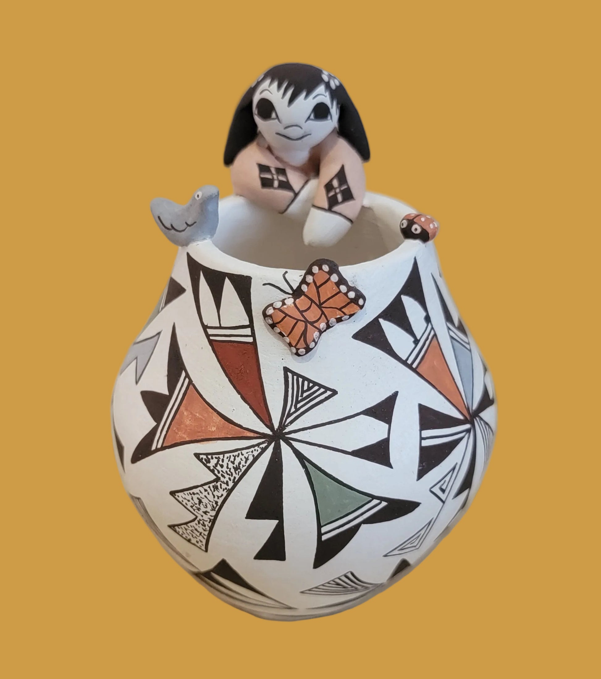 Precious Thin Walled Acoma Pueblo Pottery w/Fine Line Patterns and Raised Bird, Butterfly and Ladybug
