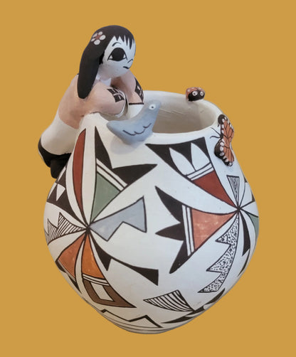 Precious Thin Walled Acoma Pueblo Pottery w/Fine Line Patterns and Raised Bird, Butterfly and Ladybug