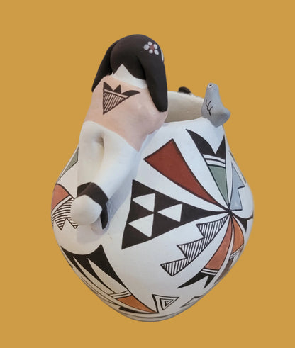 Precious Thin Walled Acoma Pueblo Pottery w/Fine Line Patterns and Raised Bird, Butterfly and Ladybug

