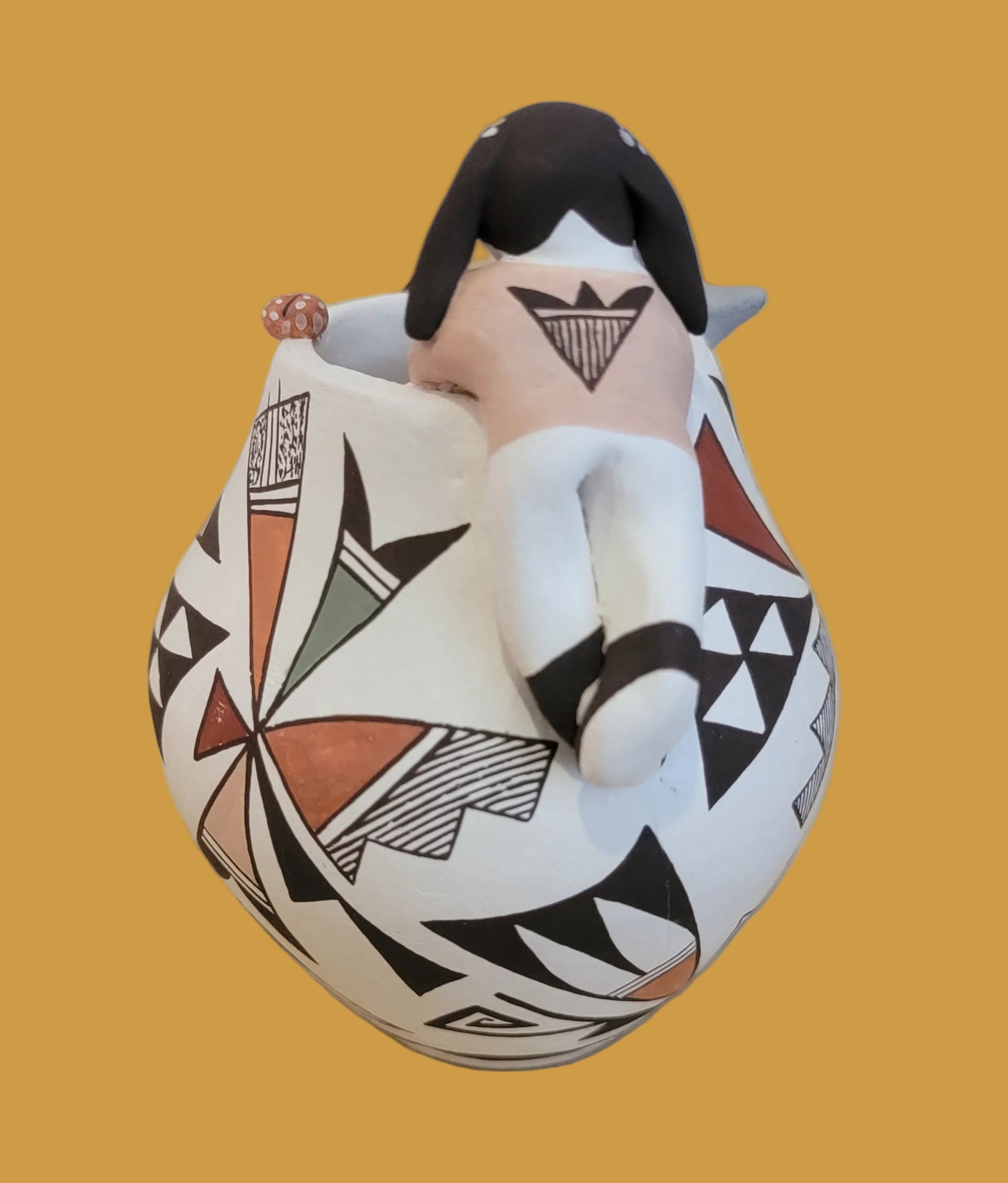 Precious Thin Walled Acoma Pueblo Pottery w/Fine Line Patterns and Raised Bird, Butterfly and Ladybug