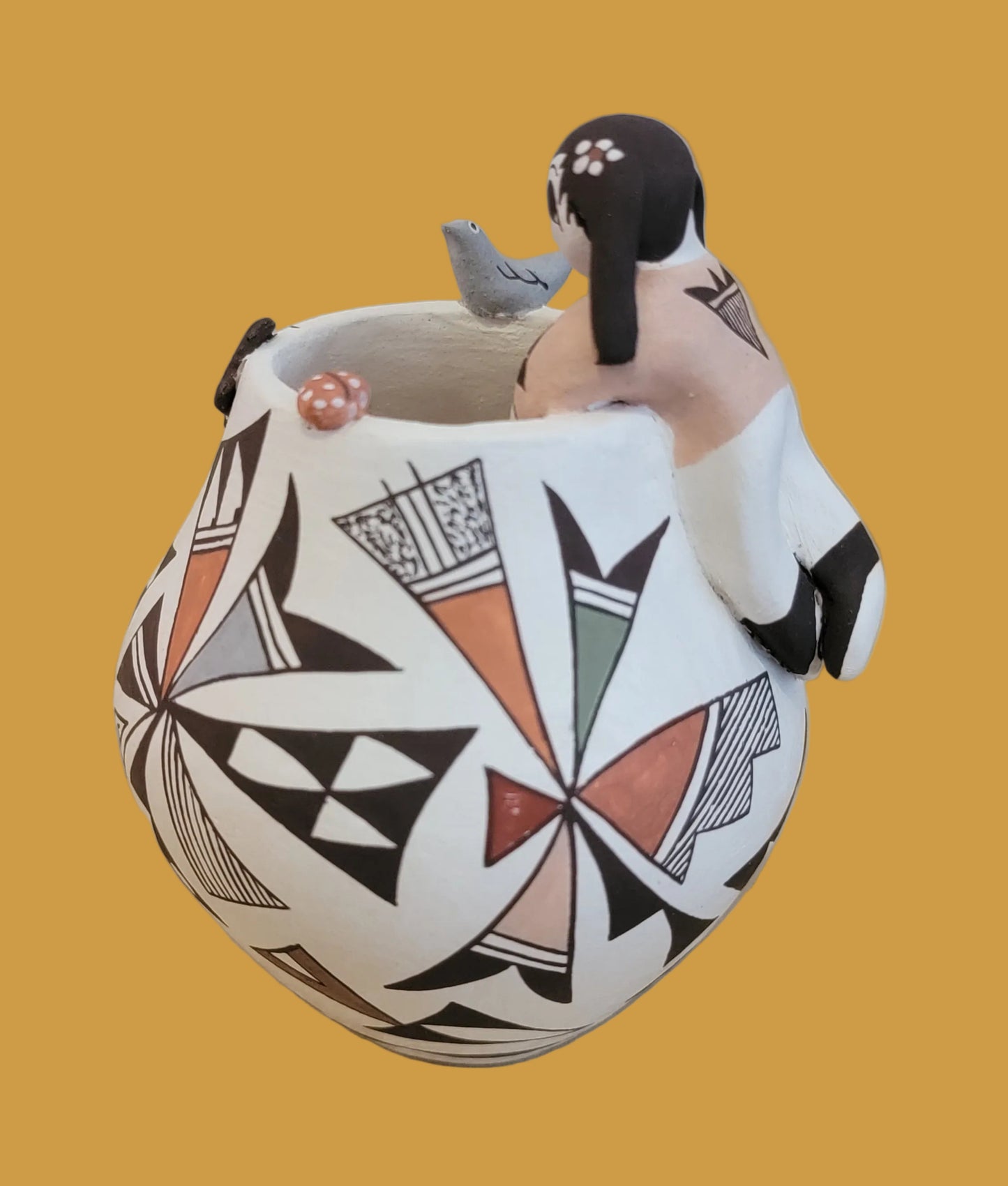 Precious Thin Walled Acoma Pueblo Pottery w/Fine Line Patterns and Raised Bird, Butterfly and Ladybug